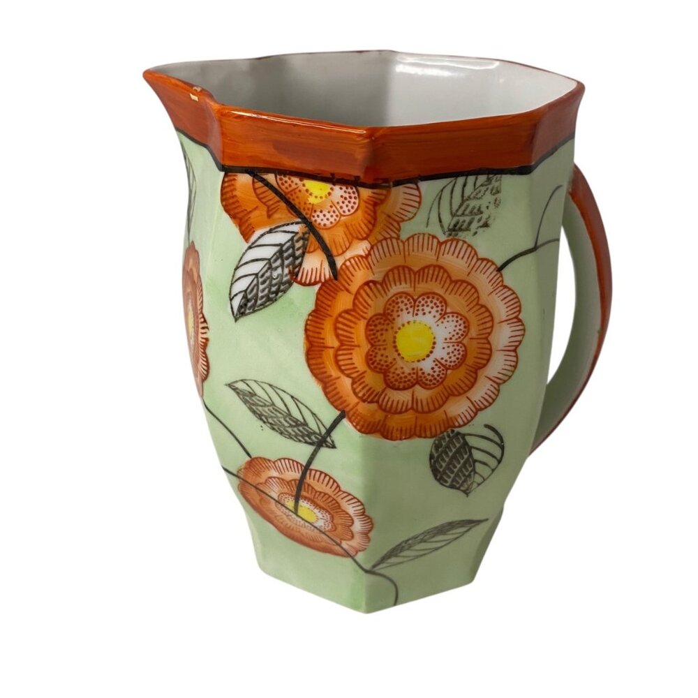 Vintage Octagonal Hand-Painted Porcelain Floral Pitcher Orange Green MCM Japan‎
